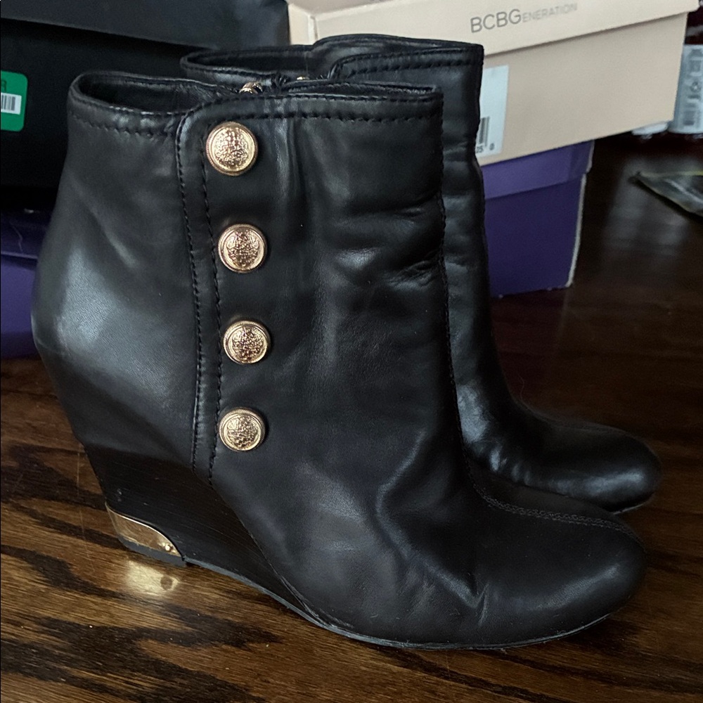 Vince Camuto Black Wedge Ankle Boots with Gold Buttons